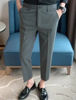 Best OUKU Men's Graduation Dress Pants Cropped Pants Buttons Pocket Plain Comfort Ankle-Length Formal Party Work Fashion Classic Style Black Navy Blue Micro-elastic