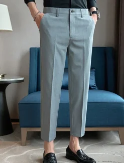 Best OUKU Men's Graduation Dress Pants Cropped Pants Buttons Pocket Plain Comfort Ankle-Length Formal Party Work Fashion Classic Style Black Navy Blue Micro-elastic