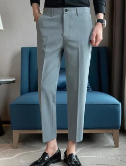 Best OUKU Men's Graduation Dress Pants Cropped Pants Buttons Pocket Plain Comfort Ankle-Length Formal Party Work Fashion Classic Style Black Navy Blue Micro-elastic