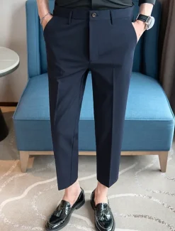 Best OUKU Men's Graduation Dress Pants Cropped Pants Buttons Pocket Plain Comfort Ankle-Length Formal Party Work Fashion Classic Style Black Navy Blue Micro-elastic