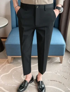 Best OUKU Men's Graduation Dress Pants Cropped Pants Buttons Pocket Plain Comfort Ankle-Length Formal Party Work Fashion Classic Style Black Navy Blue Micro-elastic