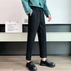 New OUKU Men's Graduation Dress Pants Trousers Pleated Pants Suit Pants Pocket High Rise Plain Comfort Breathable Ankle-Length Office Business Casual Elegant Vintage Black White High Waist Micro-elastic