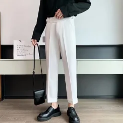 New OUKU Men's Graduation Dress Pants Trousers Pleated Pants Suit Pants Pocket High Rise Plain Comfort Breathable Ankle-Length Office Business Casual Elegant Vintage Black White High Waist Micro-elastic