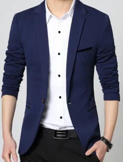 Best OUKU Men's Graduation Jacket Blazer Wedding Business Warm Breathable Pocket Classic Spring Fall Color Block Business Casual Turndown Thick Regular Regular Fit Light Blue Black Wine Navy Blue Khaki Jacket