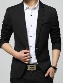 Best OUKU Men's Graduation Jacket Blazer Wedding Business Warm Breathable Pocket Classic Spring Fall Color Block Business Casual Turndown Thick Regular Regular Fit Light Blue Black Wine Navy Blue Khaki Jacket