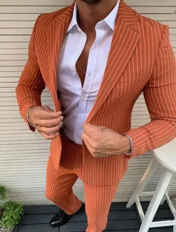 Outlet OUKU Men's Graduation Set Blazer Business Cocktail Party Wedding Party Fashion Casual Spring Fall Polyester Stripes Pocket 2 Piece Comfortable Single Breasted Blazer Black White Orange