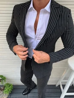 Outlet OUKU Men's Graduation Set Blazer Business Cocktail Party Wedding Party Fashion Casual Spring Fall Polyester Stripes Pocket 2 Piece Comfortable Single Breasted Blazer Black White Orange