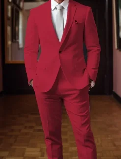 New OUKU Men's Graduation Set Blazer Business Cocktail Party Wedding Party Fashion Casual Summer Spring Polyester Plain Pocket 2 Piece Comfortable Single Breasted Blazer White Red Navy Blue Blue