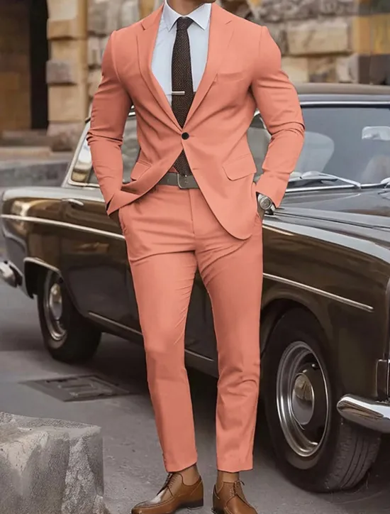 Sale OUKU Men's Graduation Set Blazer Business Cocktail Party Wedding Party Fashion Casual Spring & Fall Polyester Plain Pocket 2 Piece Comfortable Single Breasted Blazer Yellow Pink Royal Blue Blue