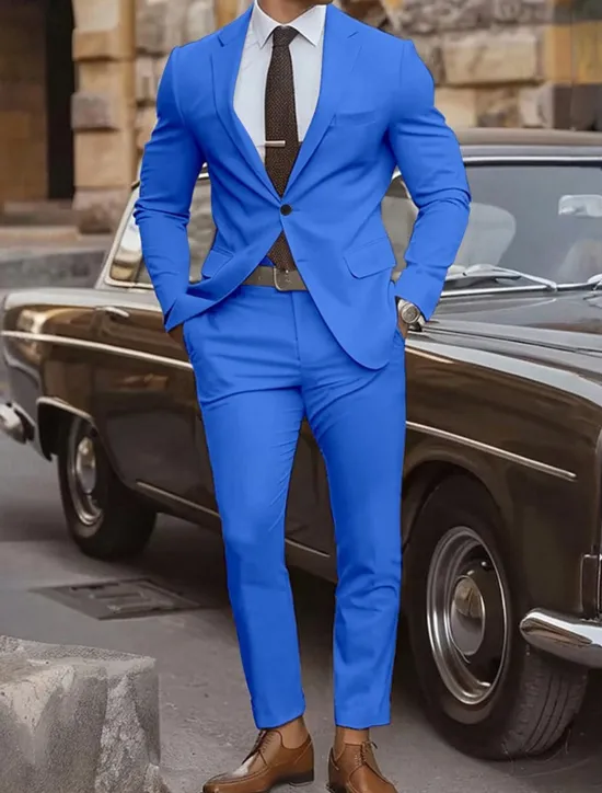 Sale OUKU Men's Graduation Set Blazer Business Cocktail Party Wedding Party Fashion Casual Spring & Fall Polyester Plain Pocket 2 Piece Comfortable Single Breasted Blazer Yellow Pink Royal Blue Blue