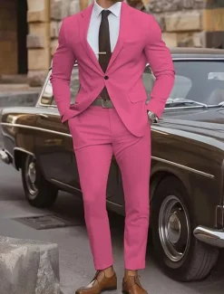 Sale OUKU Men's Graduation Set Blazer Business Cocktail Party Wedding Party Fashion Casual Spring & Fall Polyester Plain Pocket 2 Piece Comfortable Single Breasted Blazer Yellow Pink Royal Blue Blue