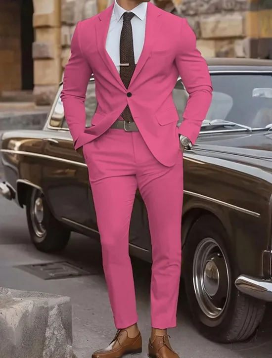 Sale OUKU Men's Graduation Set Blazer Business Cocktail Party Wedding Party Fashion Casual Spring & Fall Polyester Plain Pocket 2 Piece Comfortable Single Breasted Blazer Yellow Pink Royal Blue Blue