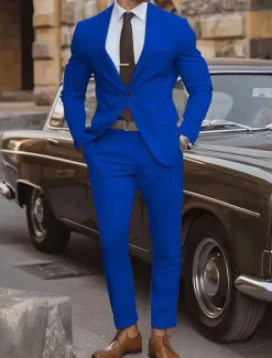 Sale OUKU Men's Graduation Set Blazer Business Cocktail Party Wedding Party Fashion Casual Spring & Fall Polyester Plain Pocket 2 Piece Comfortable Single Breasted Blazer Yellow Pink Royal Blue Blue