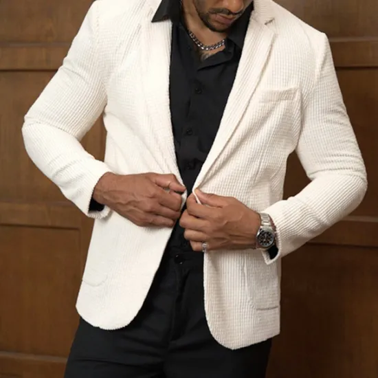 Sale OUKU Men's Graduation Waffle Blazer Blazer Business Cocktail Party Wedding Party Fashion Casual Spring & Fall 65% Cotton Plain Pocket Buttons Comfortable Single Breasted Blazer White