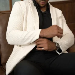 Sale OUKU Men's Graduation Waffle Blazer Blazer Business Cocktail Party Wedding Party Fashion Casual Spring & Fall 65% Cotton Plain Pocket Buttons Comfortable Single Breasted Blazer White