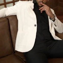 Sale OUKU Men's Graduation Waffle Blazer Blazer Business Cocktail Party Wedding Party Fashion Casual Spring & Fall 65% Cotton Plain Pocket Buttons Comfortable Single Breasted Blazer White