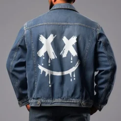 Online OUKU Men's Graffiti Coat Jean Jacket Denim Jacket Breathable Comfortable Casual Sports & Outdoor Going out Weekend Buttons Print Fall & Winter Turndown Long Sleeve Black Blue