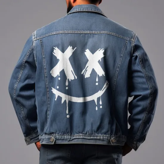 Online OUKU Men's Graffiti Coat Jean Jacket Denim Jacket Breathable Comfortable Casual Sports & Outdoor Going out Weekend Buttons Print Fall & Winter Turndown Long Sleeve Black Blue