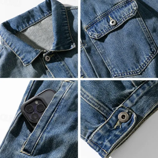 Online OUKU Men's Graffiti Coat Jean Jacket Denim Jacket Breathable Comfortable Casual Sports & Outdoor Going out Weekend Buttons Print Fall & Winter Turndown Long Sleeve Black Blue