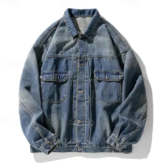Online OUKU Men's Graffiti Coat Jean Jacket Denim Jacket Breathable Comfortable Casual Sports & Outdoor Going out Weekend Buttons Print Fall & Winter Turndown Long Sleeve Black Blue