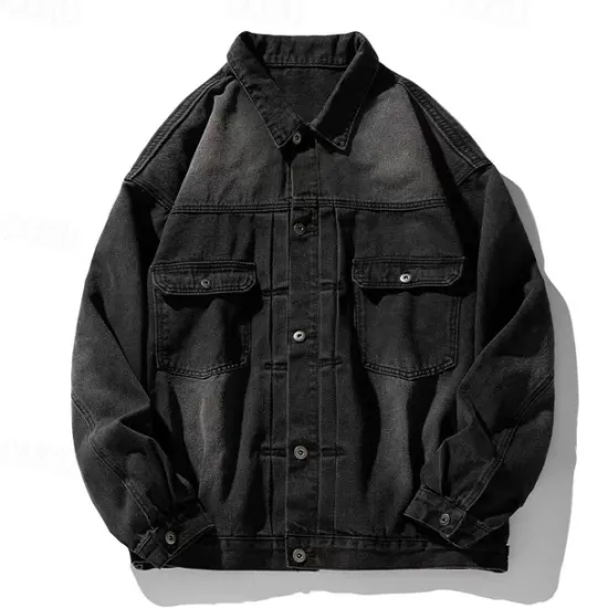 Online OUKU Men's Graffiti Coat Jean Jacket Denim Jacket Breathable Comfortable Casual Sports & Outdoor Going out Weekend Buttons Print Fall & Winter Turndown Long Sleeve Black Blue