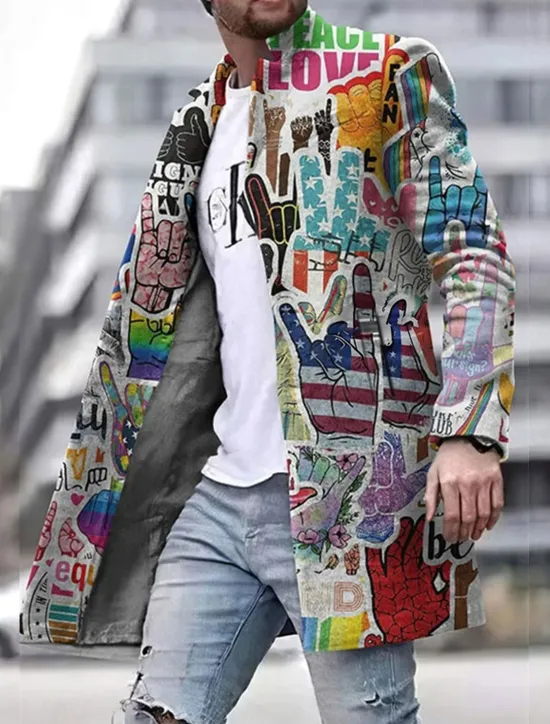 New OUKU Men's Graffiti National Flag Winter Coat Overcoat Coat Warm Breathable Comfortable Fashion Streetwear Business Work Wear to work Going out Pocket Print Fall & Winter Turndown Long Sleeve Gray