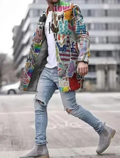 New OUKU Men's Graffiti National Flag Winter Coat Overcoat Coat Warm Breathable Comfortable Fashion Streetwear Business Work Wear to work Going out Pocket Print Fall & Winter Turndown Long Sleeve Gray