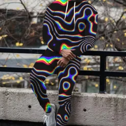 Discount OUKU Men's Graphic Abstract 2pcs 3D Sweatshirt Sets Hoodie Tracksuit Long Sleeve Long pants Hooded Fashion Streetwear Casual Daily Sports Going out 3D Print Spring & Fall Black White