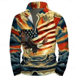 Discount OUKU Men's Graphic American Flag Hoodies Daily Casual Long Sleeve Stand Collar Vacation Going out Streetwear Print Fall Spring & Fall Designer Blue