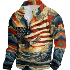 Discount OUKU Men's Graphic American Flag Hoodies Daily Casual Long Sleeve Stand Collar Vacation Going out Streetwear Print Fall Spring & Fall Designer Blue