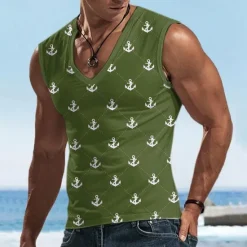New OUKU Men's Graphic Anchor Argyle Tank Top Vest Top Sleeveless T Shirt for Men Sleeveless T shirt 3D Print V Neck Shirt Sports Fashion Casual Sports Outdoor Holiday Gym Black Burgundy Green Summer Clothing