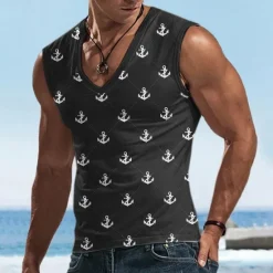 New OUKU Men's Graphic Anchor Argyle Tank Top Vest Top Sleeveless T Shirt for Men Sleeveless T shirt 3D Print V Neck Shirt Sports Fashion Casual Sports Outdoor Holiday Gym Black Burgundy Green Summer Clothing