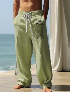 Outlet OUKU Men's Graphic Anchor Palm Tree Pants Trousers Mid Waist Casual Vacation Daily Wear Going out Spring Fall Blue Green Khaki