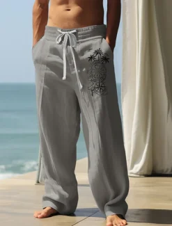 Outlet OUKU Men's Graphic Anchor Palm Tree Pants Trousers Mid Waist Casual Vacation Daily Wear Going out Spring Fall Blue Green Khaki