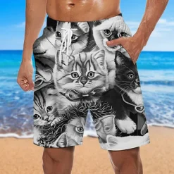 OUKU Men's Graphic Animal Cat Swim Trunks Swim Shorts Board Shorts Mid Waist Hawaiian Designer Boho Casual Daily Holiday Drawstring with Mesh lining Elastic Waist Designer Clothing Apparel