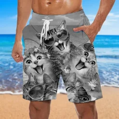 OUKU Men's Graphic Animal Cat Swim Trunks Swim Shorts Board Shorts Mid Waist Hawaiian Designer Boho Casual Daily Holiday Drawstring with Mesh lining Elastic Waist Designer Clothing Apparel
