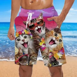 OUKU Men's Graphic Animal Cat Swim Trunks Swim Shorts Board Shorts Mid Waist Hawaiian Designer Boho Casual Daily Holiday Drawstring with Mesh lining Elastic Waist Designer Clothing Apparel