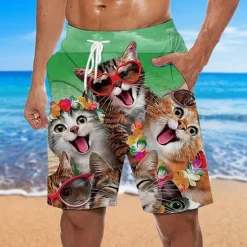 OUKU Men's Graphic Animal Cat Swim Trunks Swim Shorts Board Shorts Mid Waist Hawaiian Designer Boho Casual Daily Holiday Drawstring with Mesh lining Elastic Waist Designer Clothing Apparel