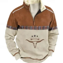 Online OUKU Men's Graphic Animal Color Block Sweatshirts Sweatshirt Zip Sweatshirt Long Sleeve Sweatshirt Quarter Zip Daily Cowboy Casual 3D Print Vacation Holiday Going out Print Fleece Fall & Winter
