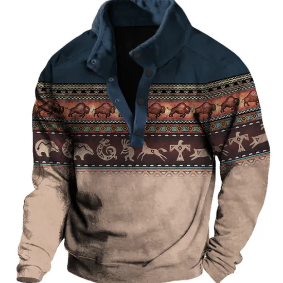Clearance OUKU Men's Graphic Animal Cowboy Sweatshirts Sweatshirt Long Sleeve Sweatshirt Stand Collar Ethnic Vintage Retro Western Cowboy 3D Print Vacation Sports Outdoor Holiday Print Spring & Fall