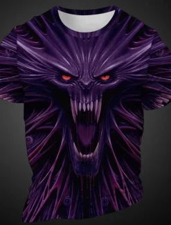 OUKU Men's Graphic Animal Devil T Shirt Short Sleeve T shirt 3D Print Crew Neck Shirt Daily Designer Retro Vintage Sports Outdoor Holiday Going out Deep Purple Purple Orange Spring & Summer Clothing