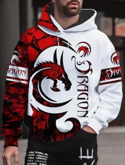 New OUKU Men's Graphic Animal Dragon Hoodie Hoodies Sweatshirt Streetwear Designer Long Sleeve Hooded Sports & Outdoor Daily Wine Red Pink Print Spring & Fall Designer