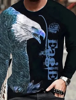 Outlet OUKU Men's Graphic Animal Eagle T Shirt Long Sleeve T shirt 3D Print Crew Neck Shirt Fashion Designer Casual Sports Outdoor Holiday Going out Blue Purple Brown Spring & Fall Clothing Apparel S M L XL 2XL