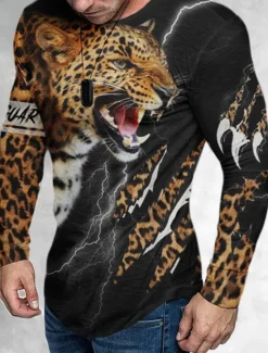 Discount OUKU Men's Graphic Animal Leopard T Shirt Tee Long Sleeve T shirt 3D Print Crew Neck Shirt Vintage Fashion Designer Outdoor Casual Daily Spring & Fall Clothing Apparel S M L XL 2XL 3XL Brown