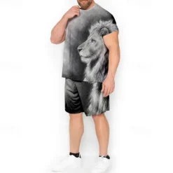 Outlet OUKU Men's Graphic Animal Lion 2pcs Tees sets Matching Sets Short Sleeve Short Pants Crew Neck Fashion Designer Comfortable Outdoor Casual Daily Print Spring & Summer Blue Red Brown