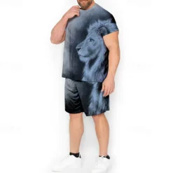 Outlet OUKU Men's Graphic Animal Lion 2pcs Tees sets Matching Sets Short Sleeve Short Pants Crew Neck Fashion Designer Comfortable Outdoor Casual Daily Print Spring & Summer Blue Red Brown