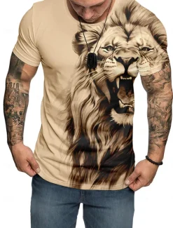 Outlet OUKU Men's Graphic Animal Lion Short Sleeve T shirt 3D Print Crew Neck Shirt Daily Designer Outdoor Party Casual Holiday Burgundy Blue Green Spring & Summer Clothing Apparel Normal S M L XL XXL XXXL