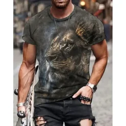 OUKU Men's Graphic Animal Lion T Shirt Short Sleeve T shirt 3D Print Crew Neck Shirt Vintage Fashion Designer Outdoor Daily Sports Dark Brown Black Yellow Spring & Summer Clothing Apparel S M L XL 2XL 3XL
