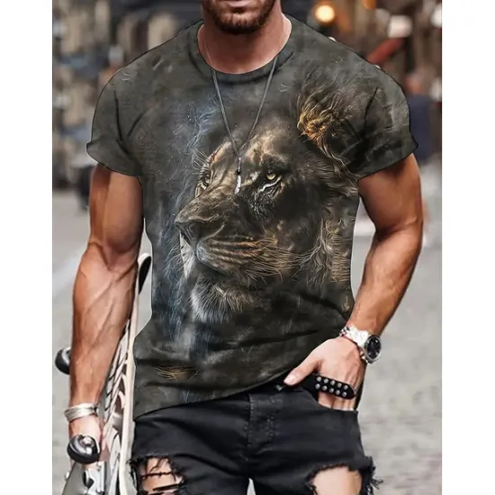 OUKU Men's Graphic Animal Lion T Shirt Short Sleeve T shirt 3D Print Crew Neck Shirt Vintage Fashion Designer Outdoor Daily Sports Dark Brown Black Yellow Spring & Summer Clothing Apparel S M L XL 2XL 3XL