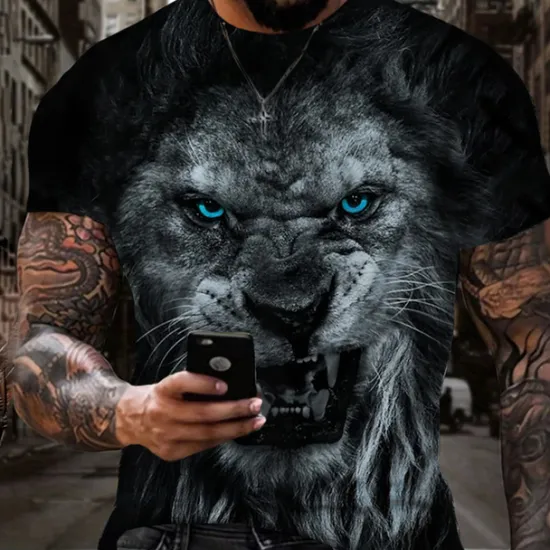 OUKU Men's Graphic Animal Lion T Shirt Short Sleeve T shirt 3D Print Crew Neck Shirt Vintage Fashion Designer Outdoor Daily Sports Dark Brown Black Yellow Spring & Summer Clothing Apparel S M L XL 2XL 3XL